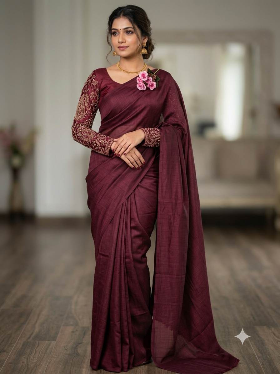 Premium Dark Wine Mul Chanderi Fabric( Big Width)