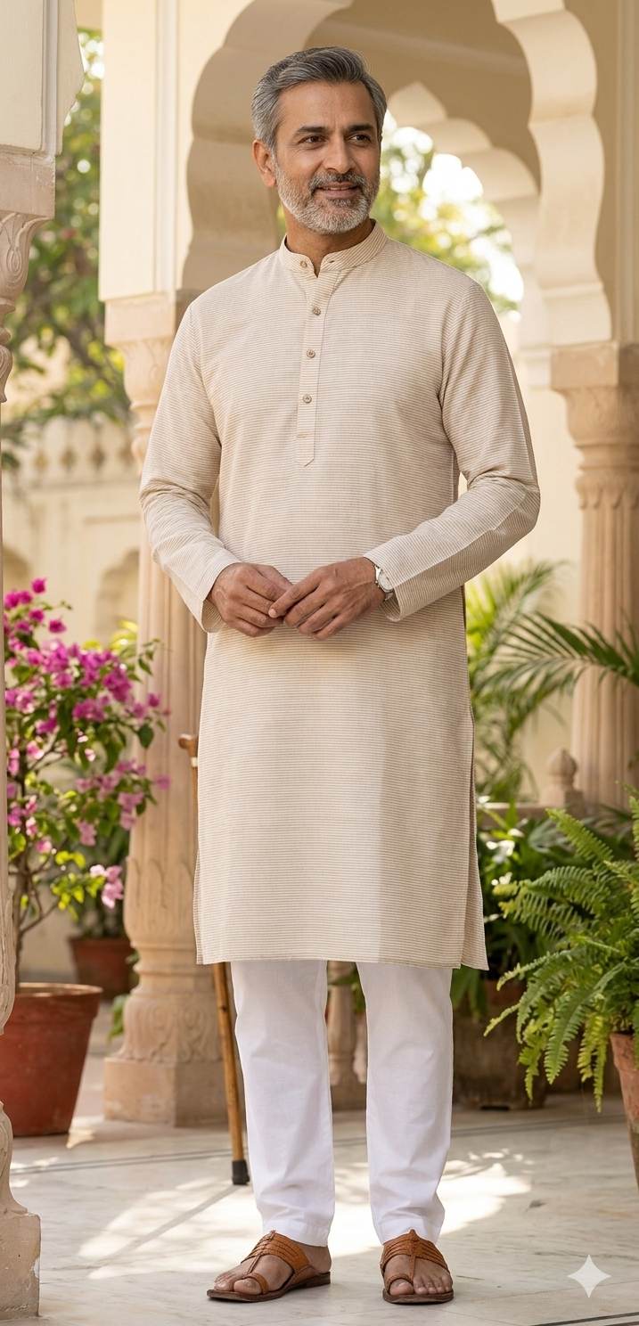 Beige With  White pinstripe Premium Cotton Linen Fabric (2)