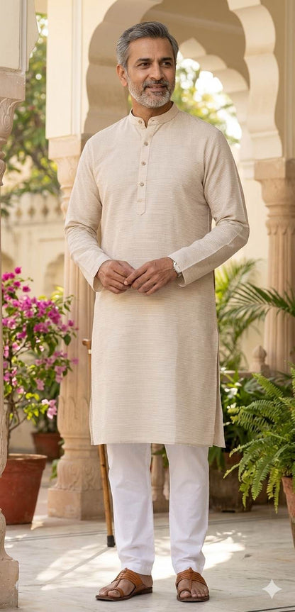 Beige With  White pinstripe Premium Cotton Linen Fabric (2)