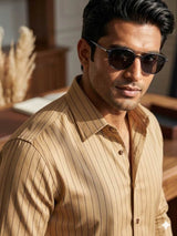 Classic Beige  thin Black Horizontal pinstripe Roma style Shirting Fabric