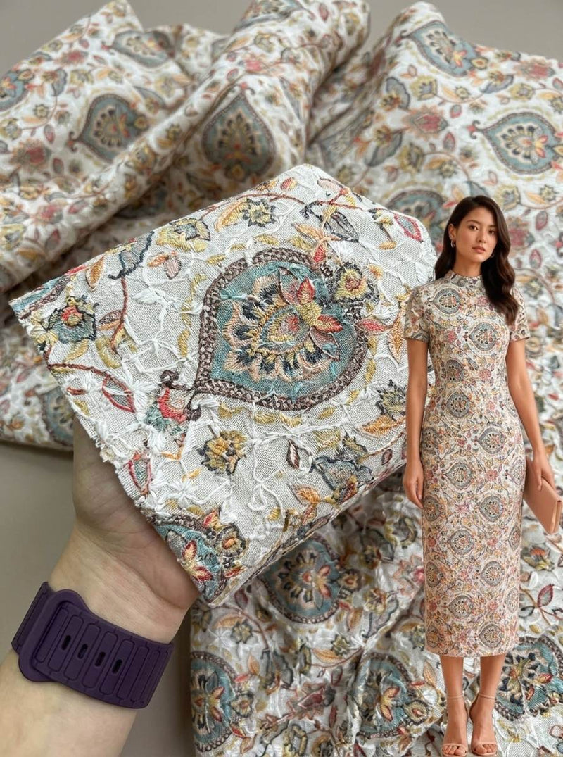 Heritage Bloom: Digital Print & Chikankari Embroidered Fabric