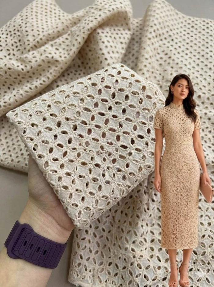 Premium Off-White Cotton Schiffli Eyelet Fabric (Dyeable)