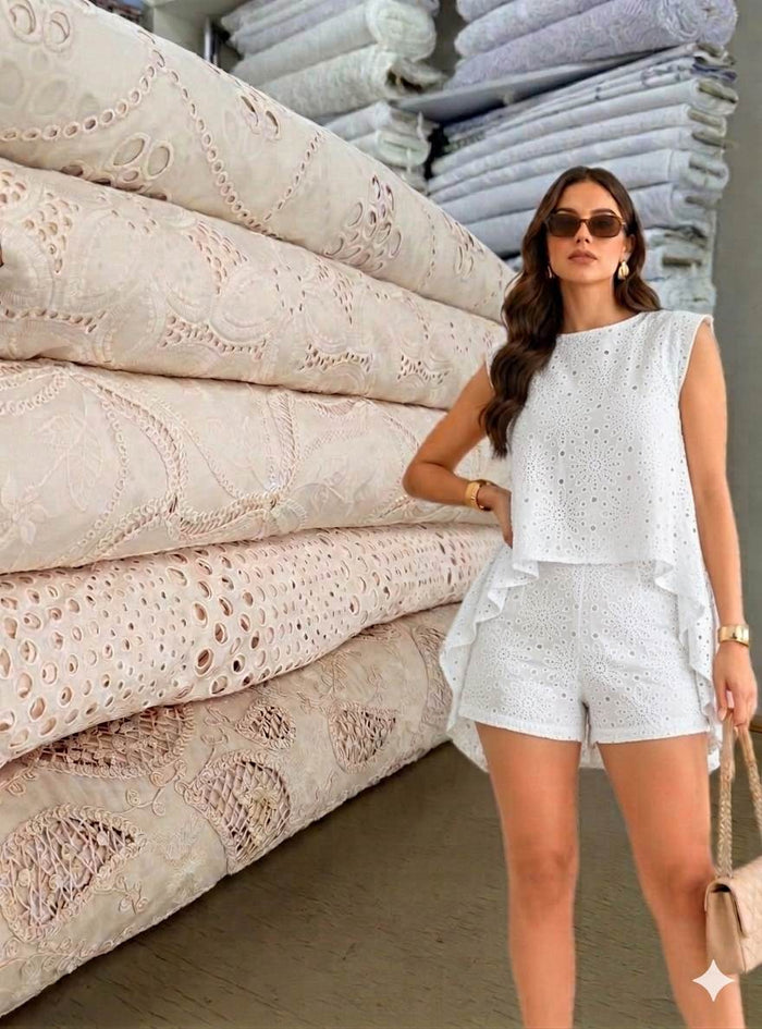 Premium Off-White Cotton Schiffli Heavy work Fabric (Dyeable) Big width 58"