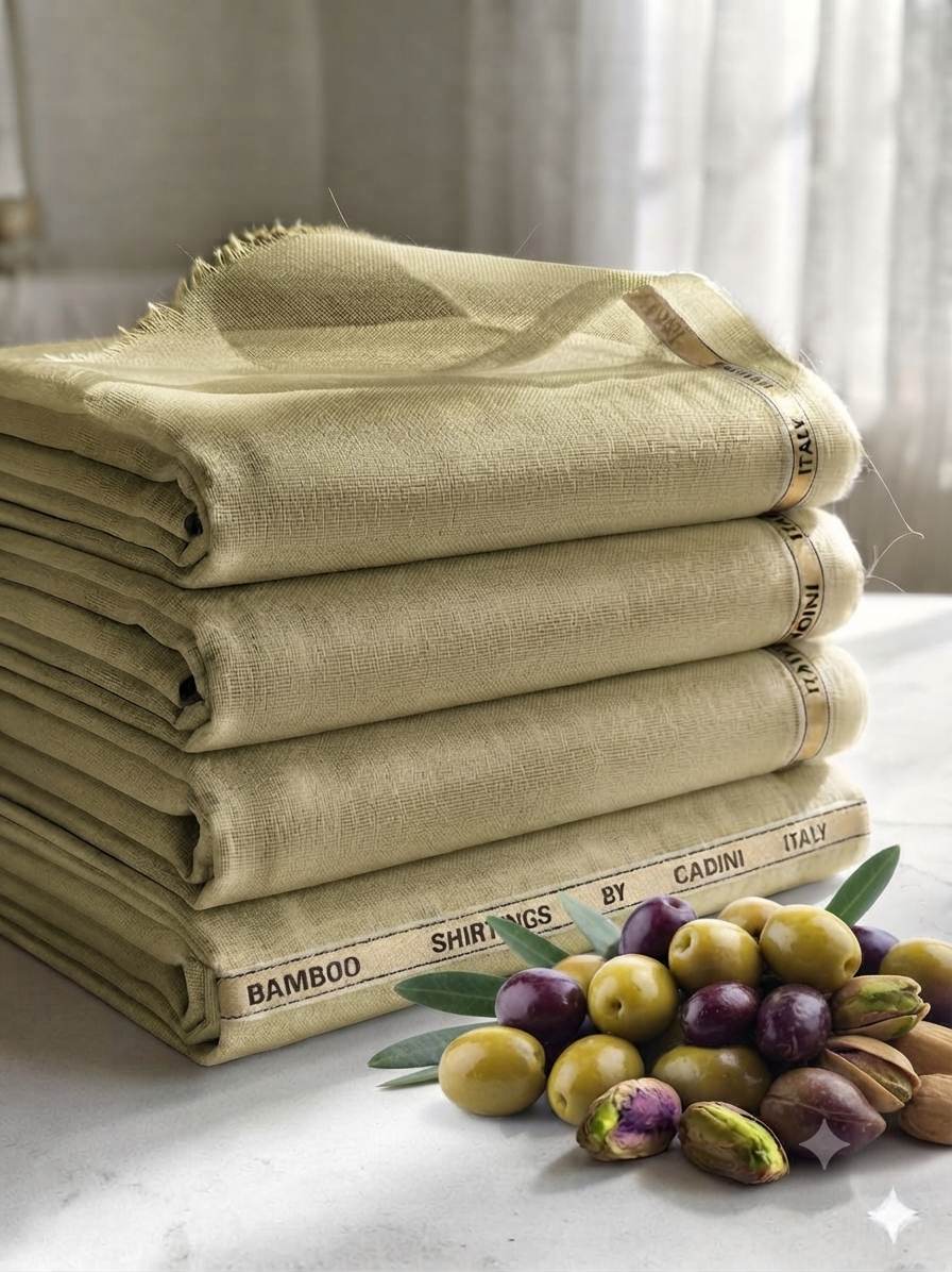 Siyaram’s Breezy Light Olive Green Superfine Sustainable Bamboo Shirting Fabric | Cadini Italy Collection