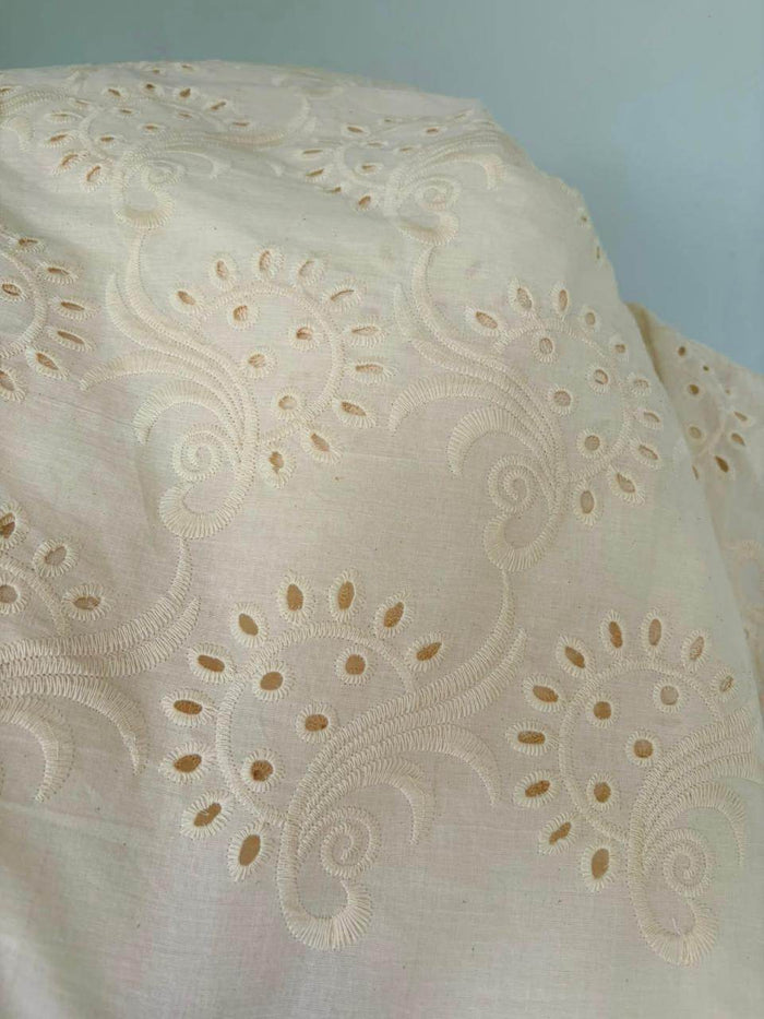 Premium Off-White Cotton Schiffli paisleys Fabric (Dyeable)