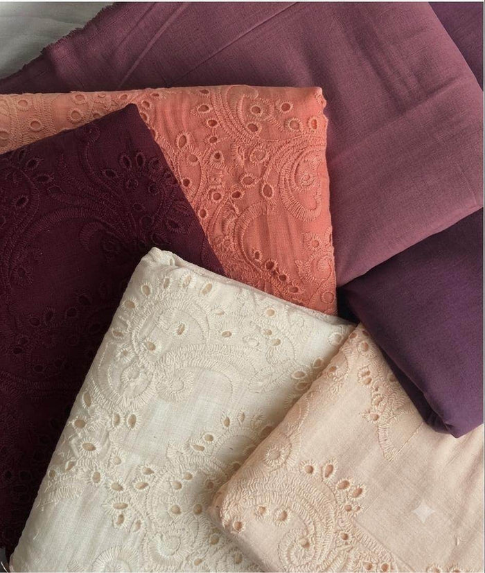 Premium Off-White Cotton Schiffli paisleys Fabric (Dyeable)
