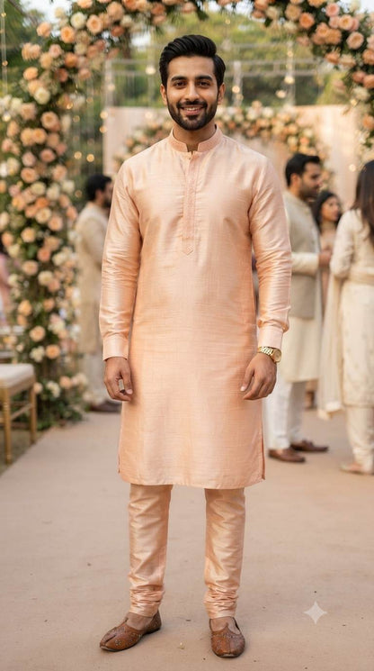 Pastel Peach Glossy Chanderi Shirting fabric