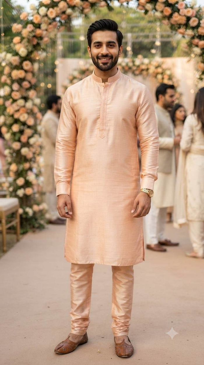 Pastel Peach Glossy Chanderi Shirting fabric