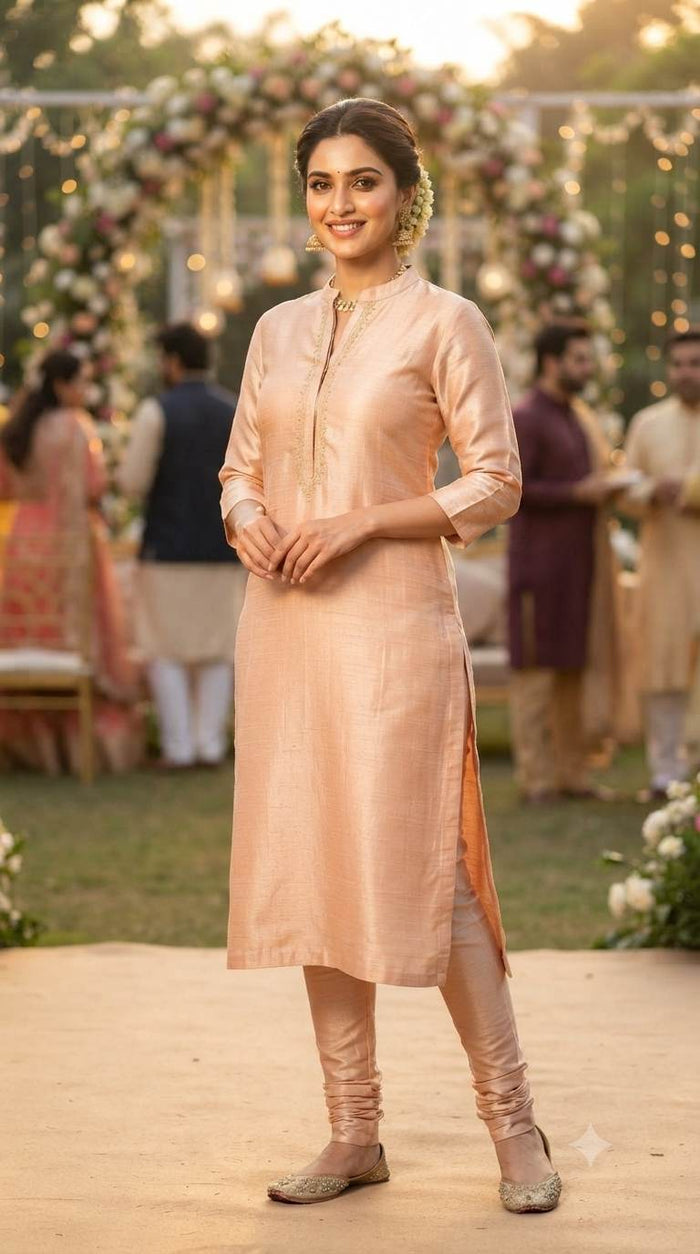 Pastel Peach Glossy Chanderi Shirting fabric