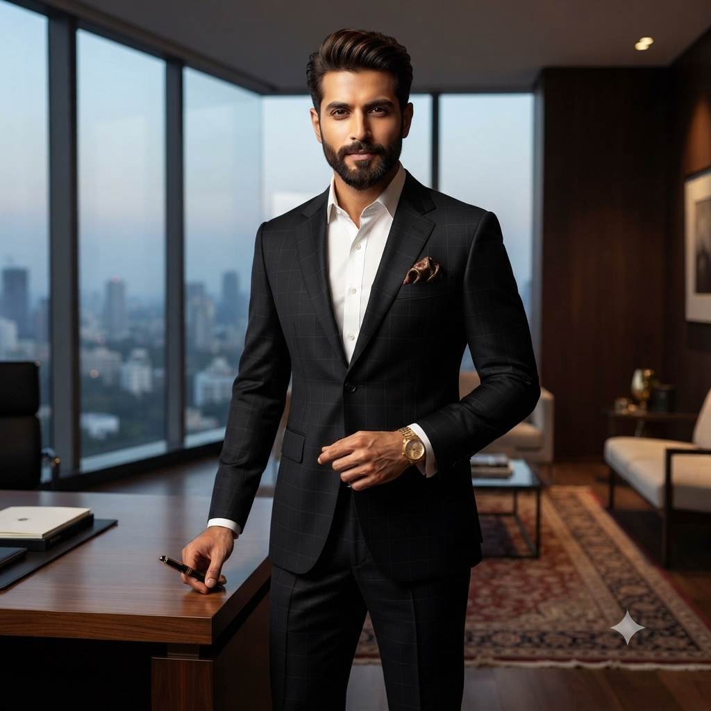 Classic Formal Suiting Material - Dark Windowpane Design