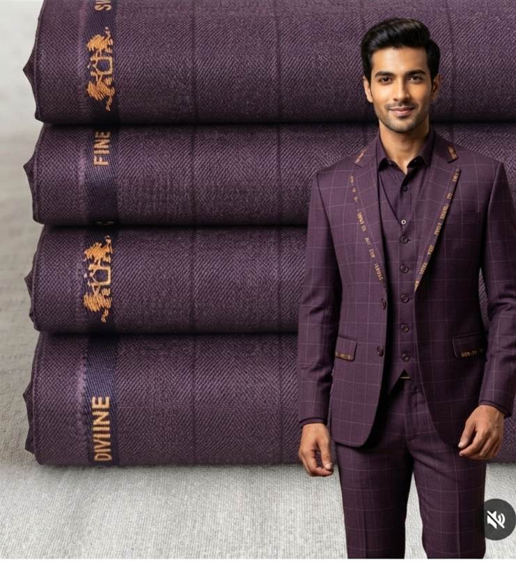 Premium Deep Plum Herringbone Check Suiting Fabric