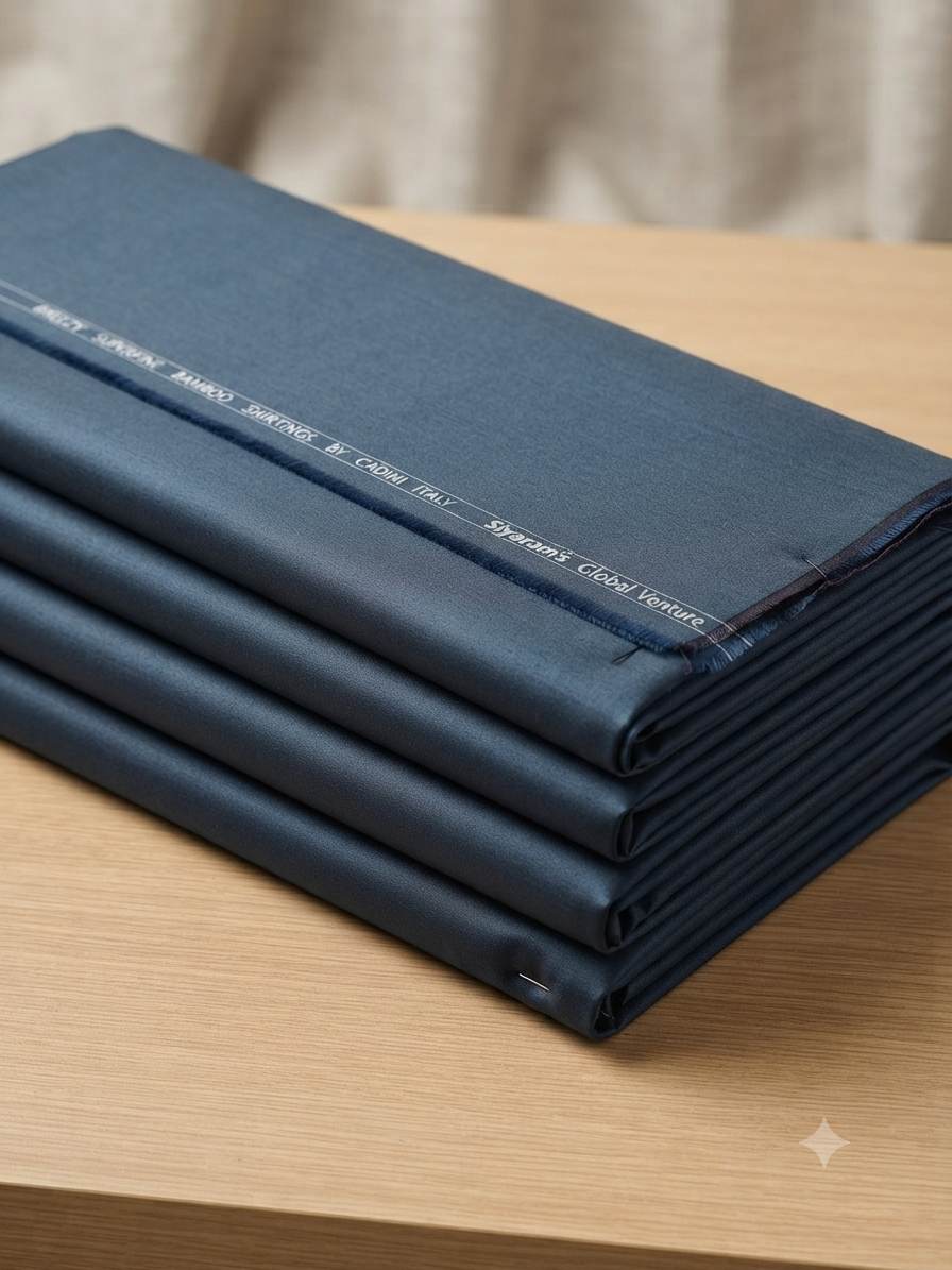 Siyaram’s Breezy Deep Blue Superfine Sustainable Bamboo Shirting Fabric | Cadini Italy Collection