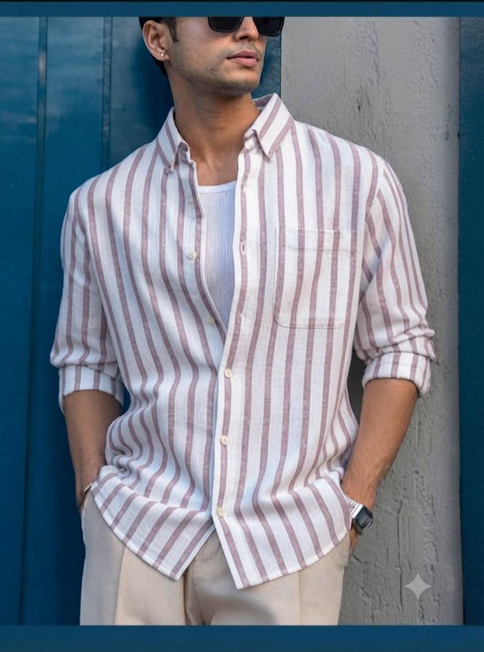Off white with  Mauve versatile Striped Shirting Fabric