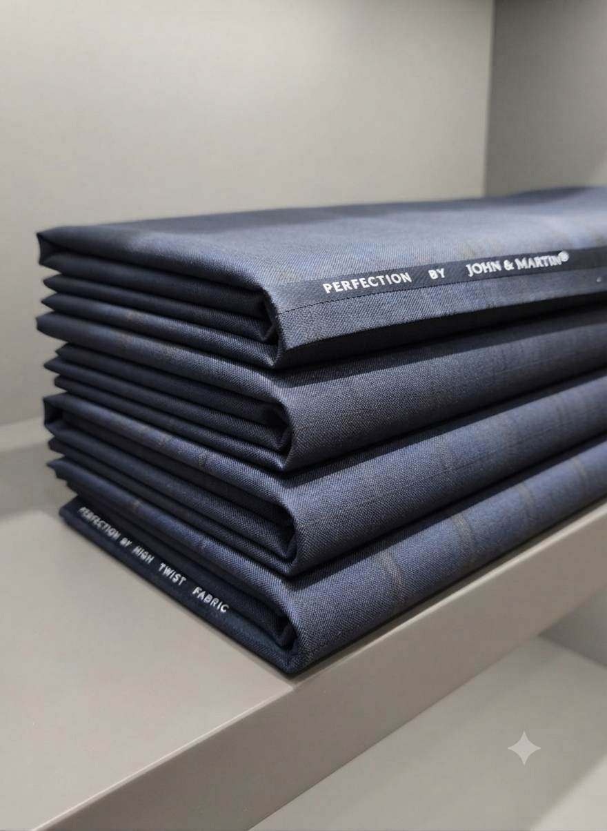 John & Martin Perfection High Twist Suiting Fabric  - Premium Dark Blue Check
