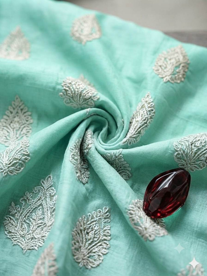 Lighter Sea Foam Chanderi silk Fabric With White Dori Motifs
