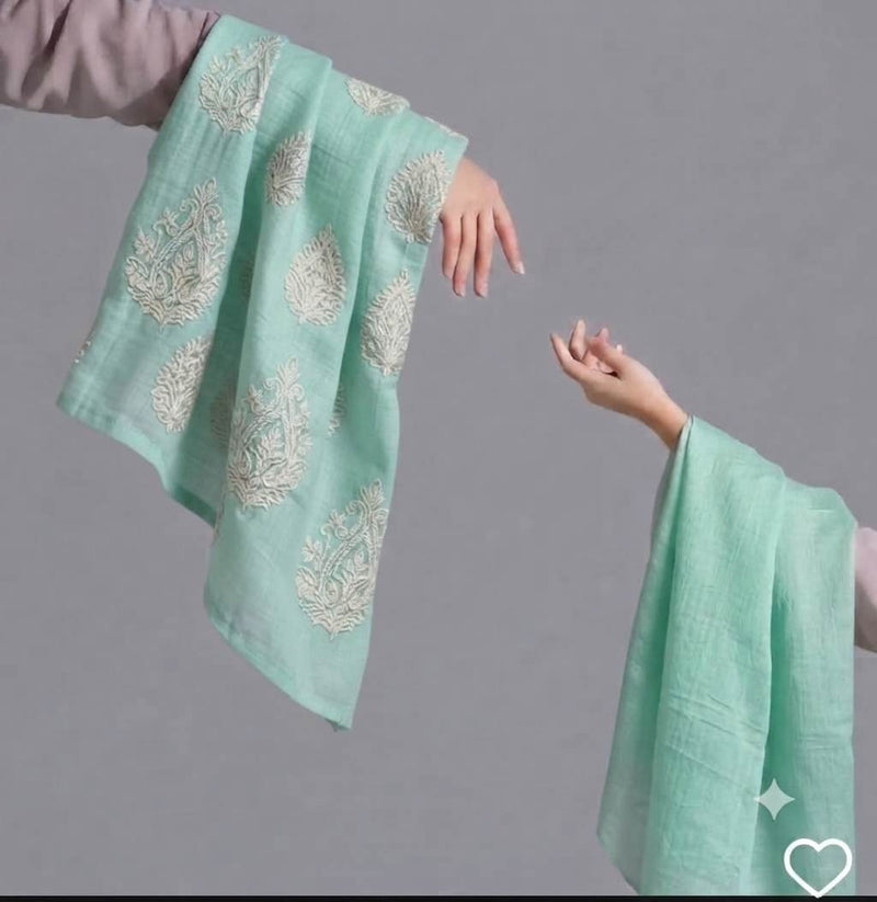Lighter Sea Foam Chanderi silk Fabric With White Dori Motifs