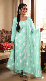 Lighter Sea Foam Chanderi silk Fabric With White Dori Motifs