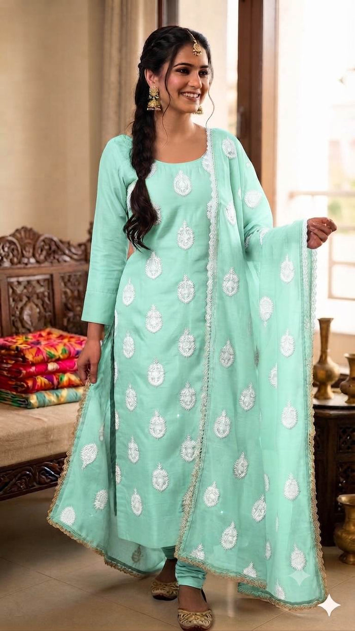 Lighter Sea Foam Chanderi silk Fabric With White Dori Motifs
