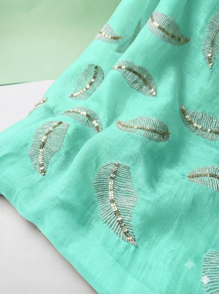 Lighter Sea Foam chanderi Fabric with white Leaf & Golden Sequence Motif Embroidery