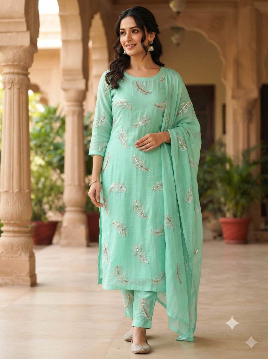 Lighter Sea Foam chanderi Fabric with white Leaf & Golden Sequence Motif Embroidery