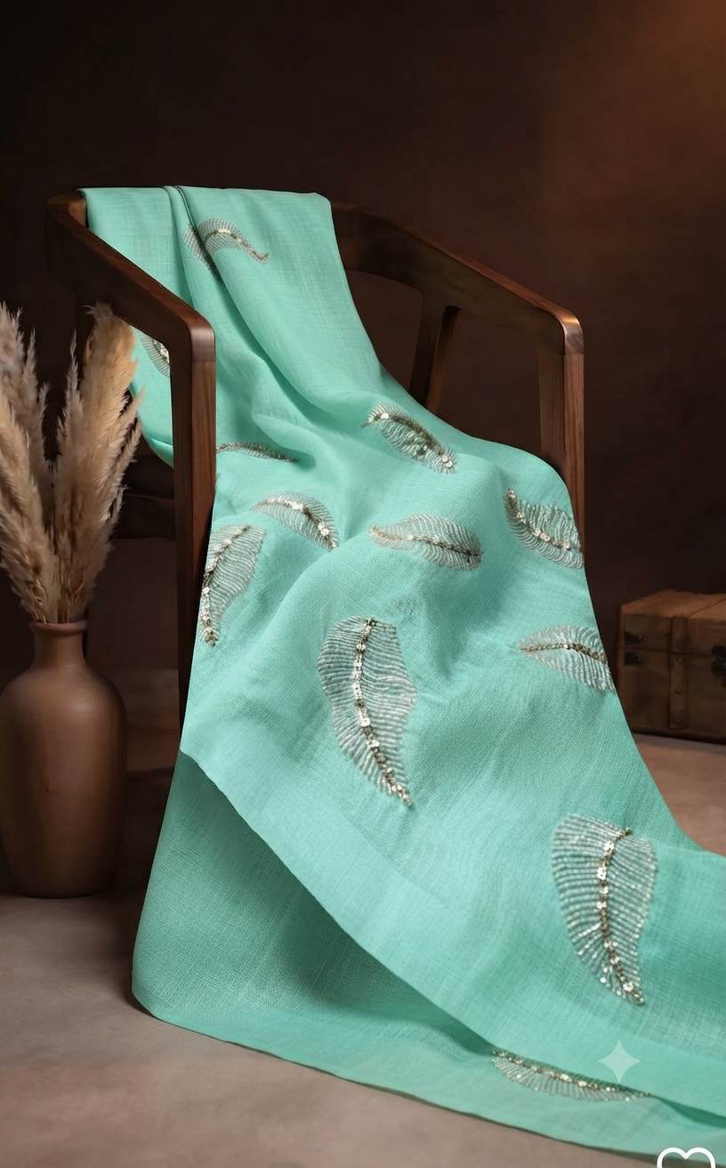 Lighter Sea Foam chanderi Fabric with white Leaf & Golden Sequence Motif Embroidery