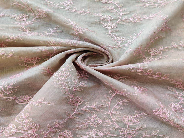 Beige Pink Flowers Sequins and Thread Work Embroidered Chanderi Fabric
