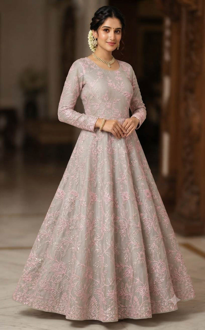 Beige Pink Flowers Sequins and Thread Work Embroidered Chanderi Fabric