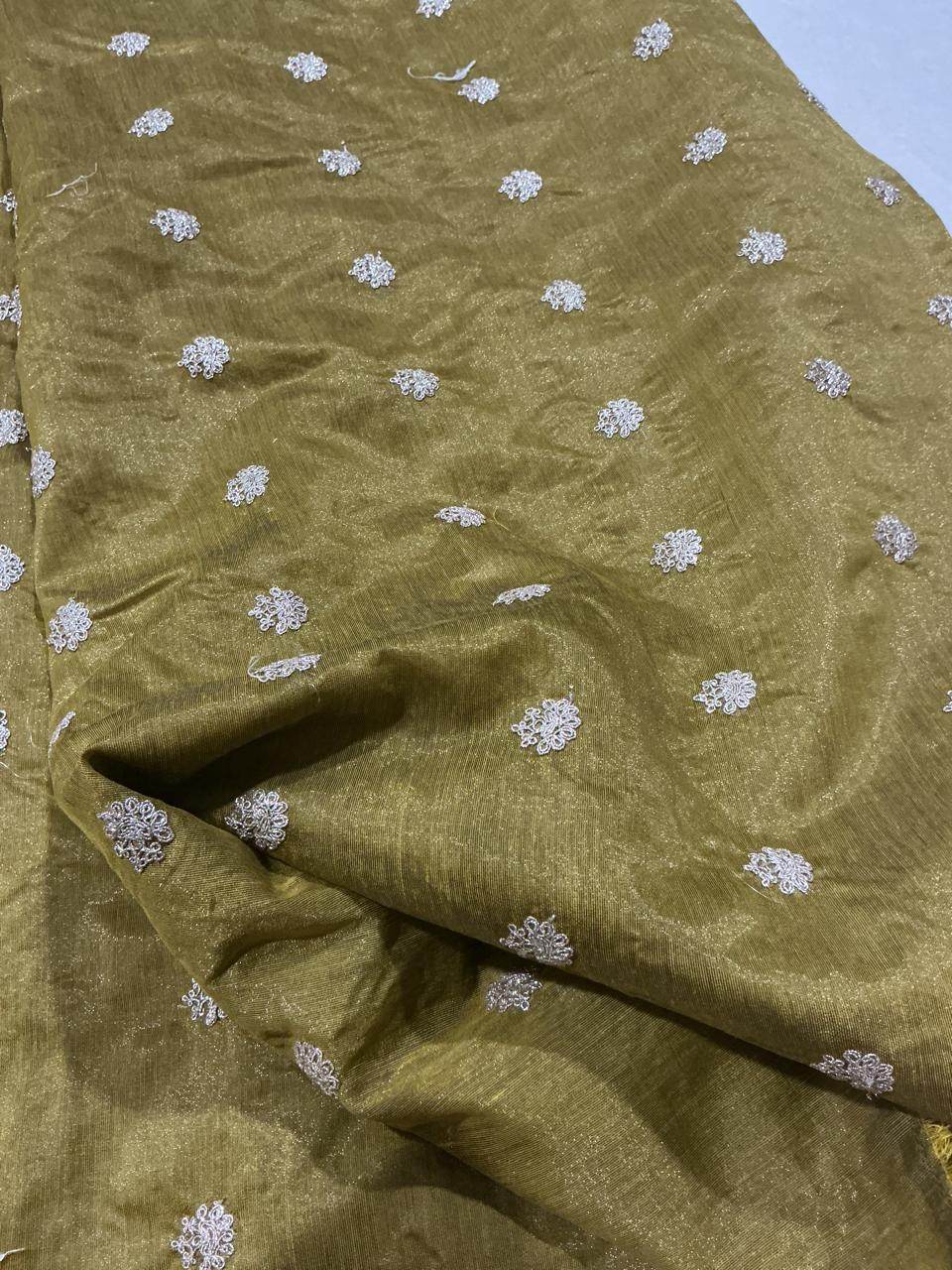 Golden Glitter Thread Embroidered Motifs on Rich Antique Gold Chanderi Silk Fabric