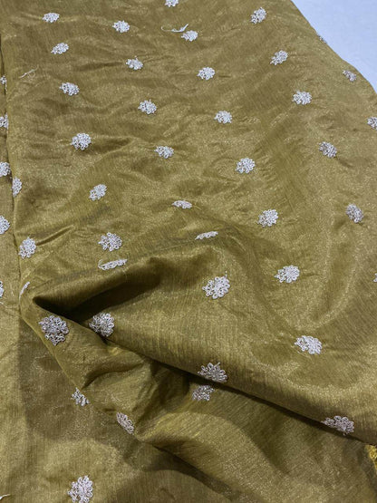 Embroidered Golden Glitter Motifs on Rich Antique Gold Chanderi Silk Fabric – close-up texture