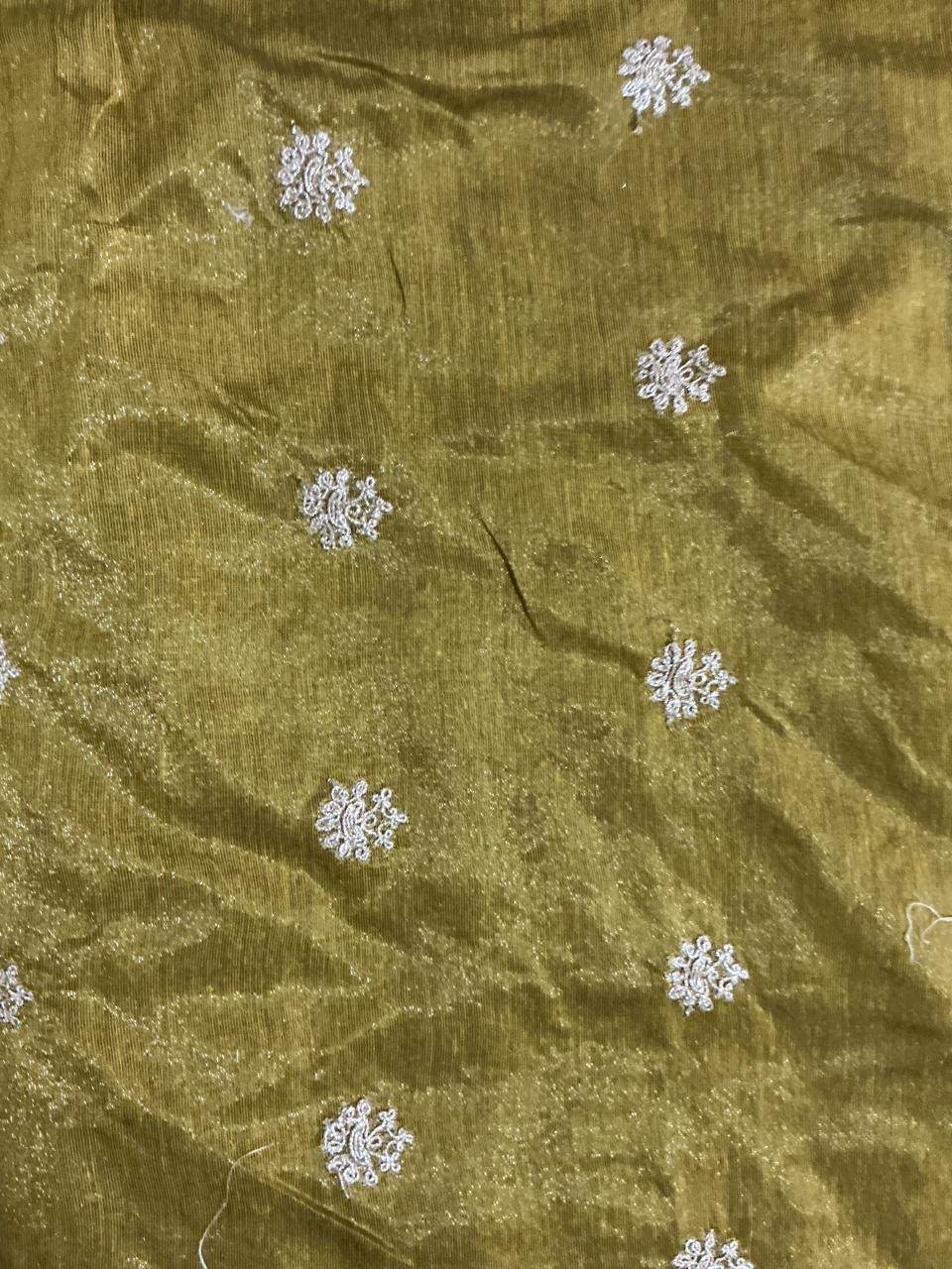 Golden Glitter Thread Embroidered Motifs on Rich Antique Gold Chanderi Silk Fabric