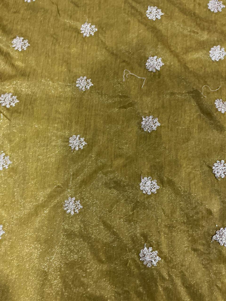 Golden Glitter Thread Embroidered Motifs on Rich Antique Gold Chanderi Silk Fabric