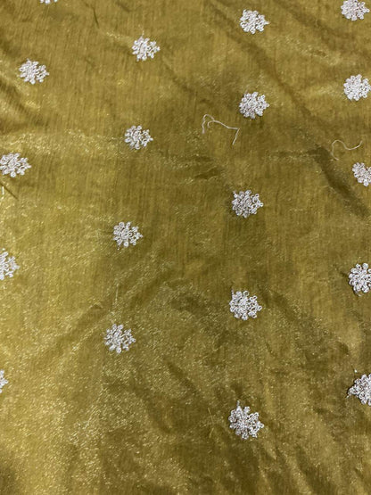 Embroidered Golden Glitter Motifs on Rich Antique Gold Chanderi Silk Fabric – styling reference