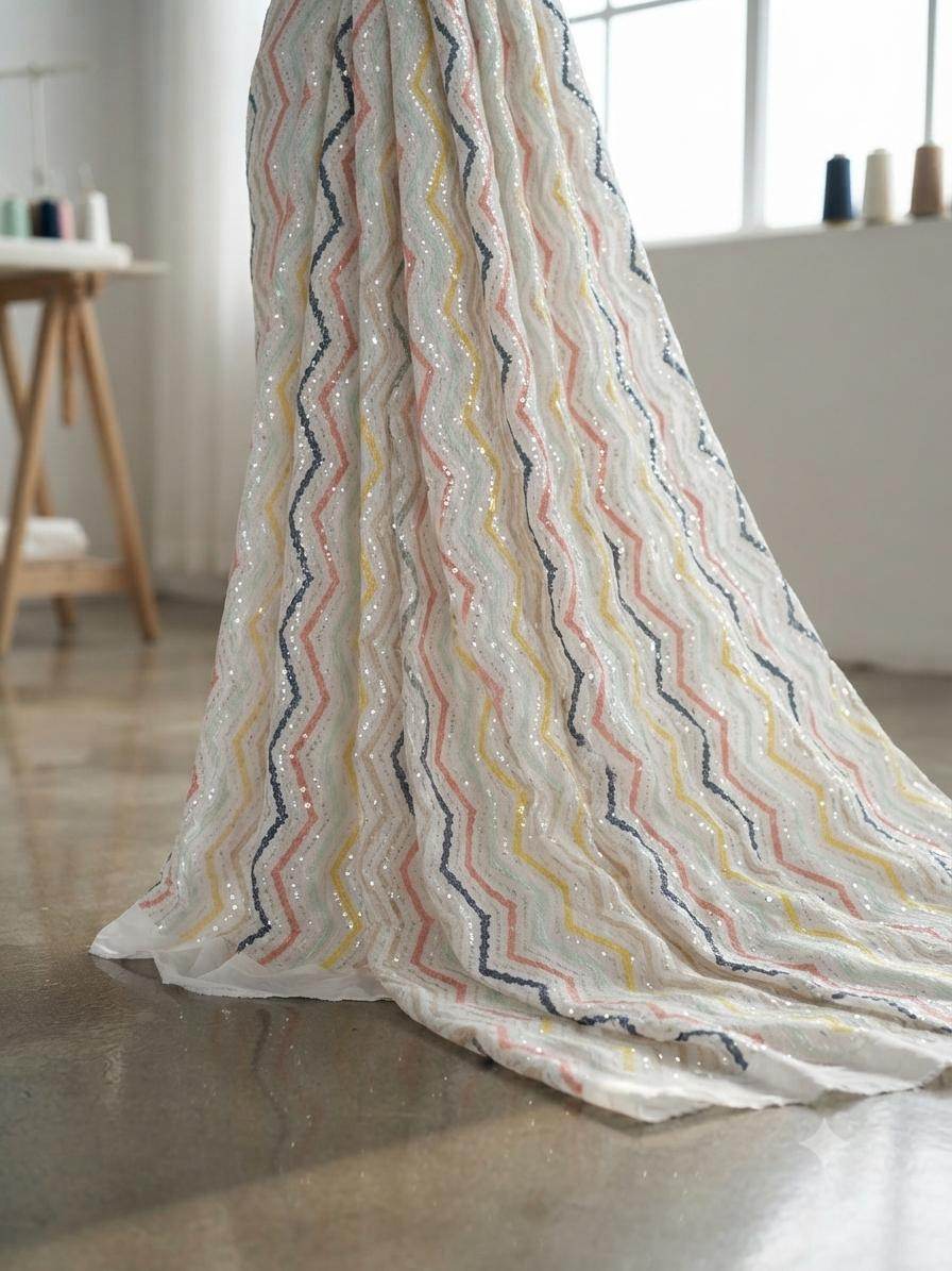 Multicolor Chevron Embroidered Mul Chanderi Fabric with Sequence Work