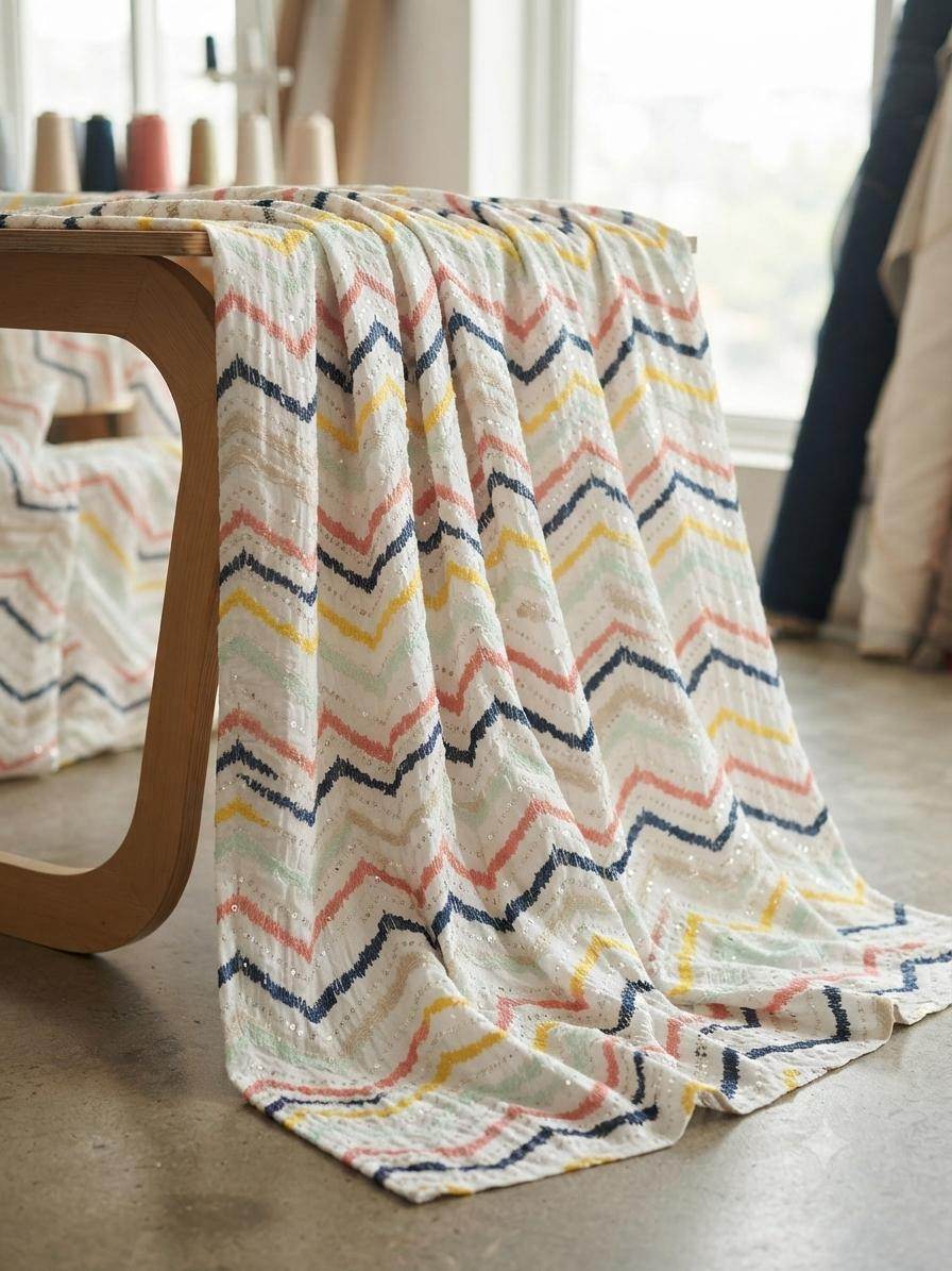 Multicolor Chevron Embroidered Mul Chanderi Fabric with Sequence Work