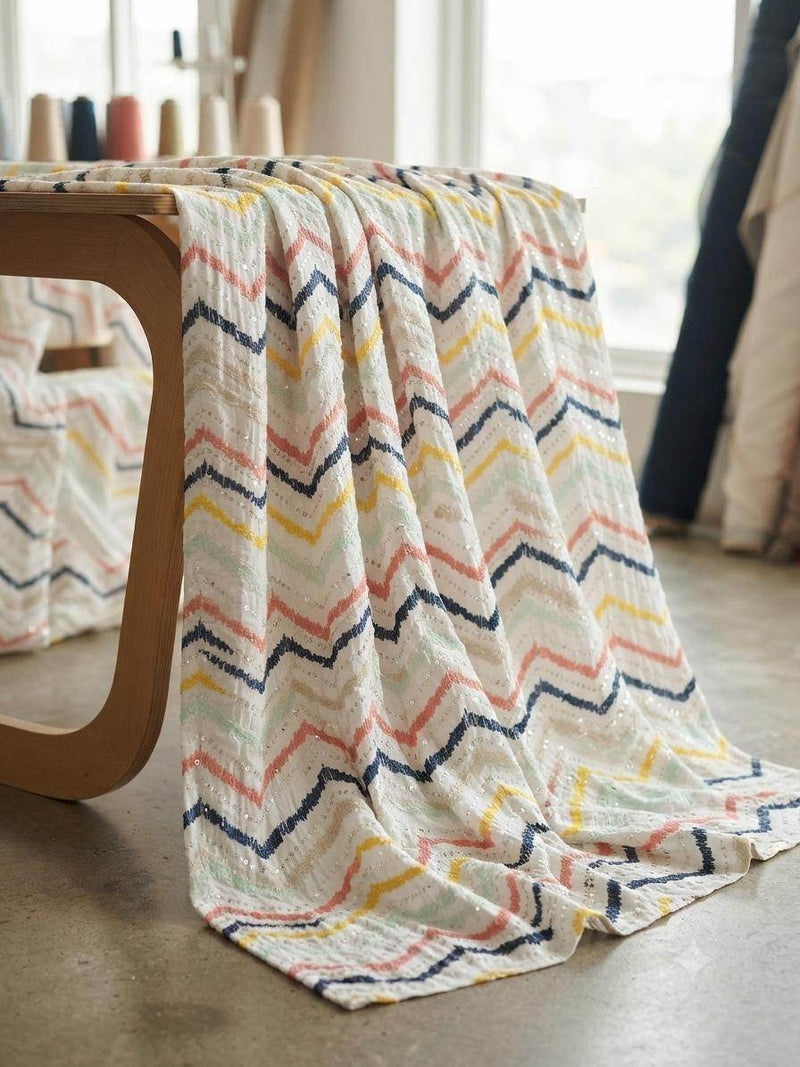 Multicolor chevron embroidered Mul Chanderi fabric with sequence work, full view