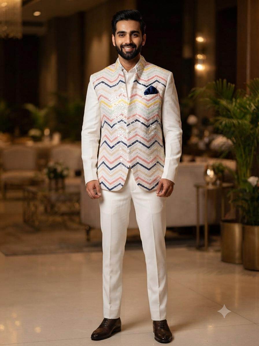 Multicolor Chevron Embroidered Mul Chanderi Fabric with Sequence Work