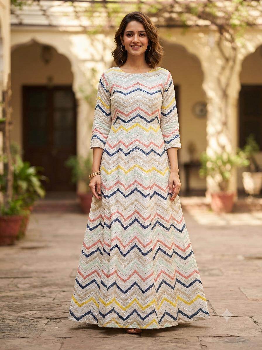 Multicolor Chevron Embroidered Mul Chanderi Fabric with Sequence Work