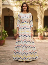 Close-up of Mul Chanderi fabric showing chevron stripe pattern and sequence embroidery