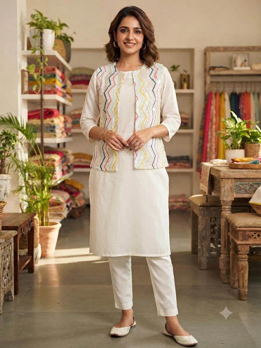 Multicolor Chevron Embroidered Mul Chanderi Fabric with Sequence Work