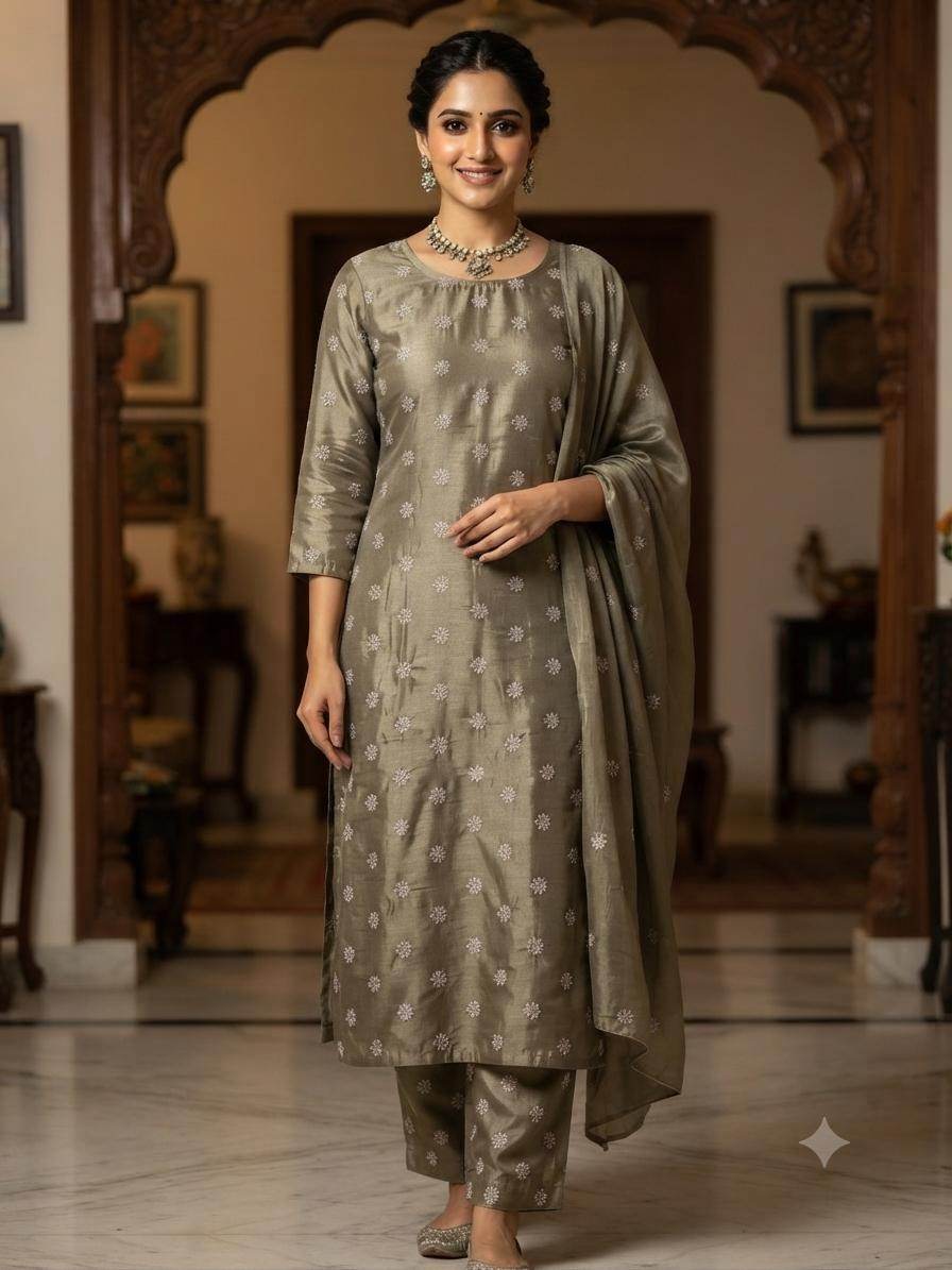 Olive green Chanderi silk fabric with golden glitter motifs - close-up texture