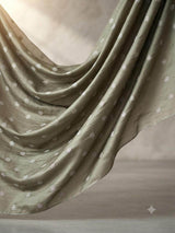 Olive green Chanderi silk fabric with golden glitter motifs - front view
