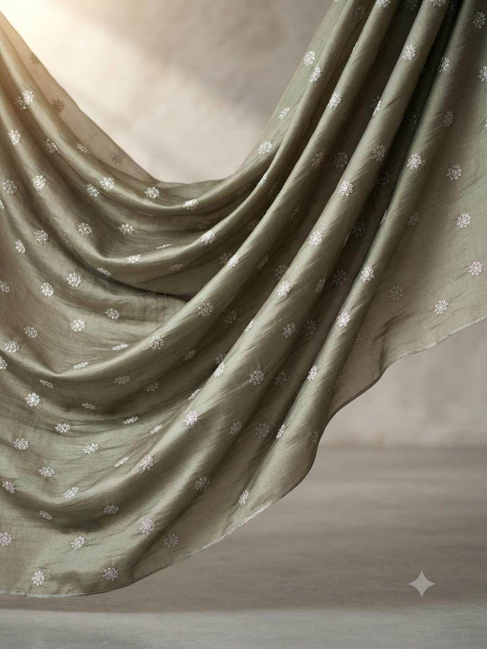 Olive green Chanderi silk fabric with golden glitter motifs - front view