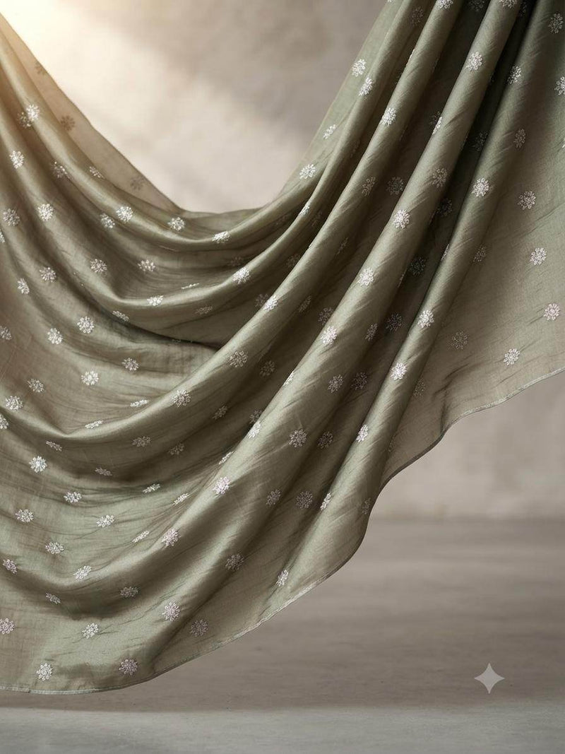 Olive green Chanderi silk fabric with golden glitter motifs - front view