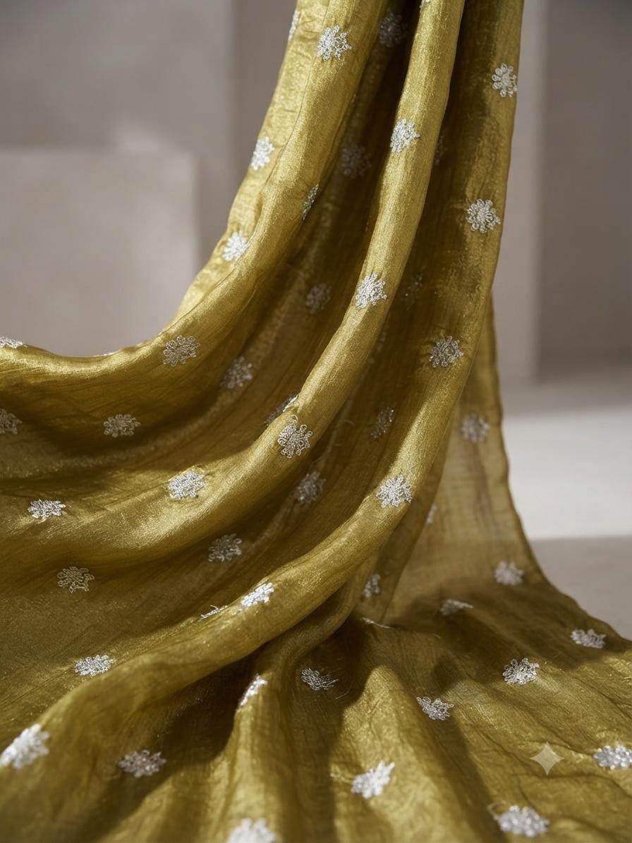 Golden Glitter Thread Embroidered Motifs on Rich Antique Gold Chanderi Silk Fabric