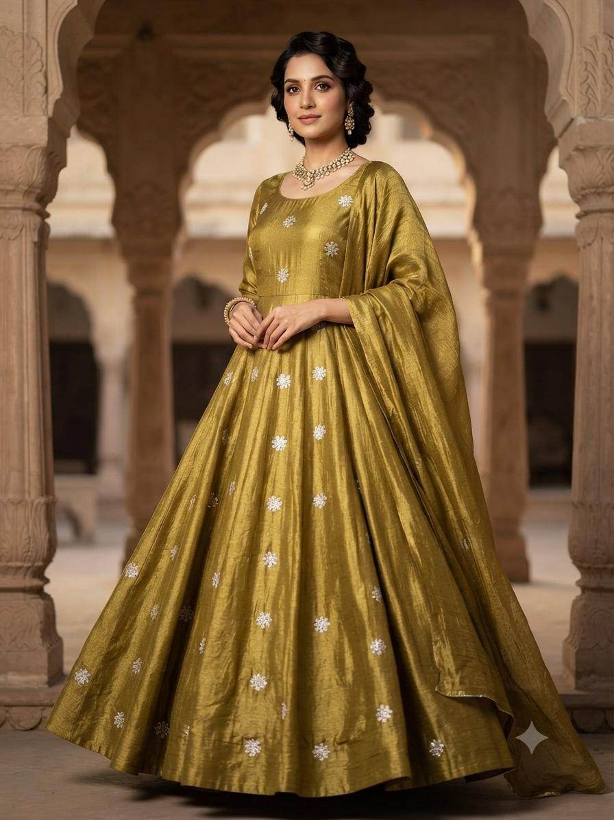 Golden Glitter Thread Embroidered Motifs on Rich Antique Gold Chanderi Silk Fabric