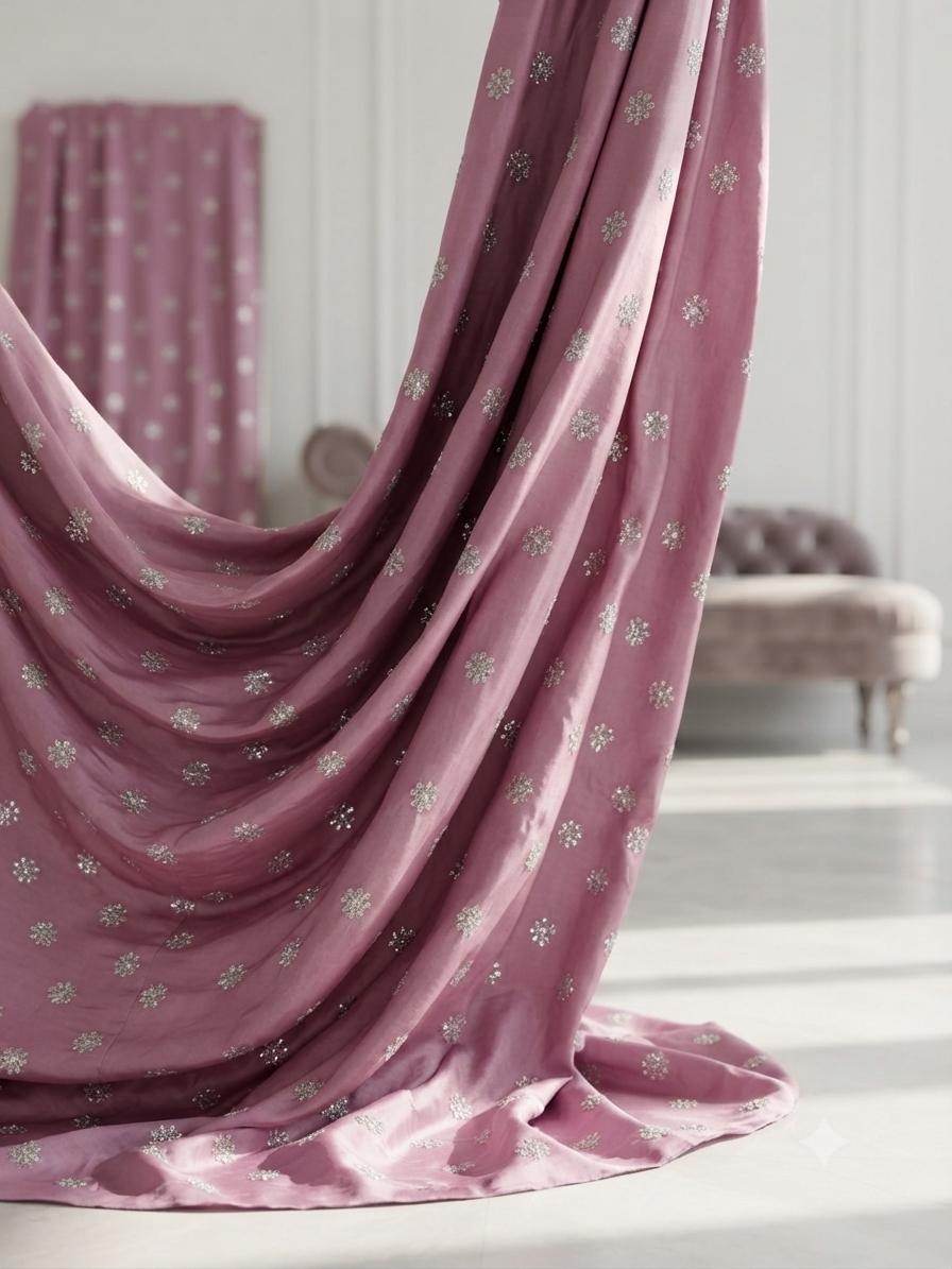 Golden Glitter Thread Embroidered Motifs on Muted Rose-Pink Chanderi Silk Fabric