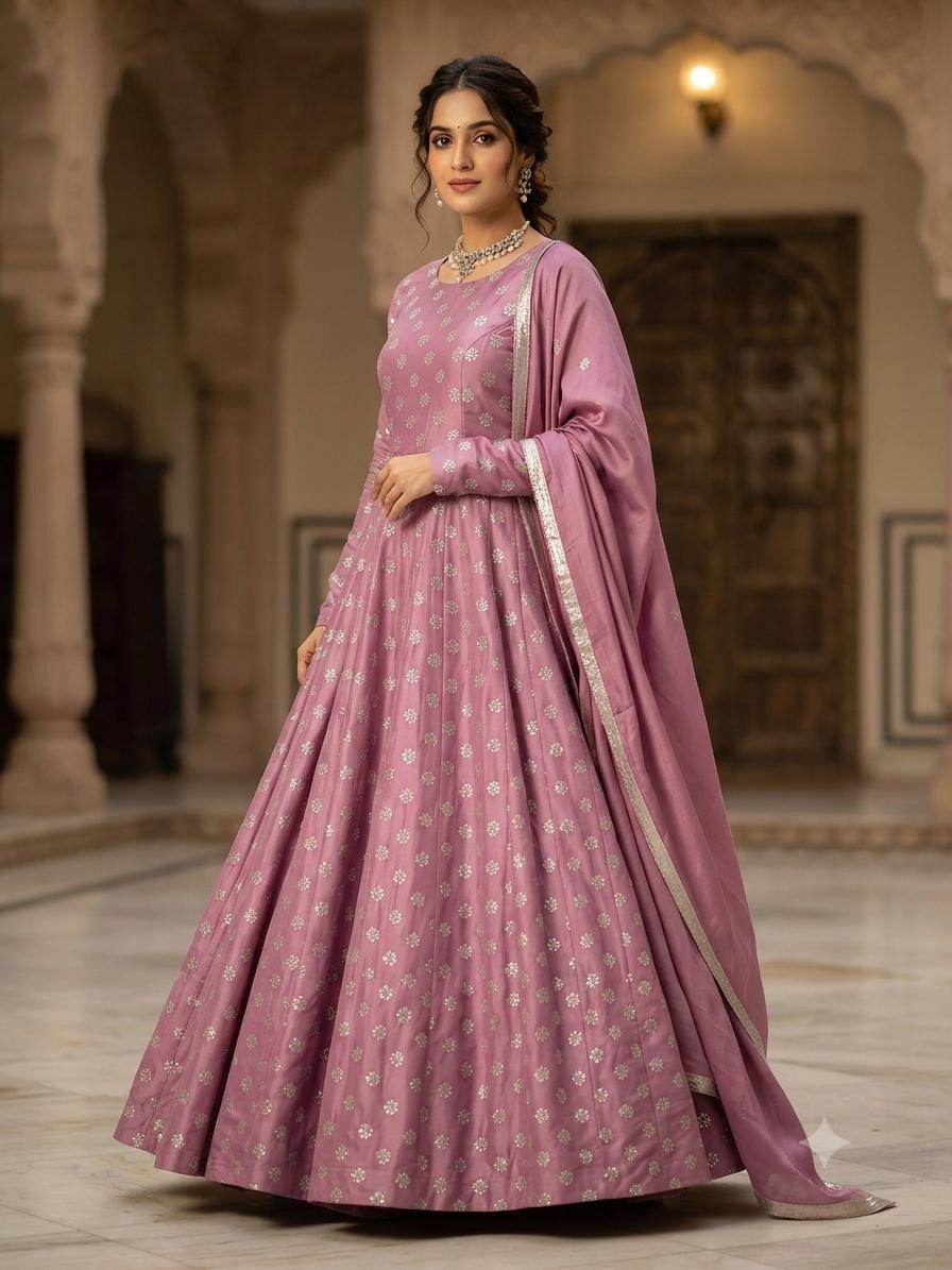 Golden Glitter Thread Embroidered Motifs on Muted Rose-Pink Chanderi Silk Fabric