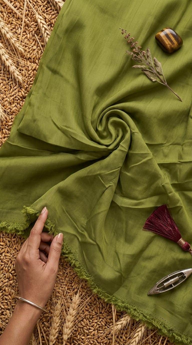 Solid Olive Green  Mul Chanderi Fabric (Big Width)