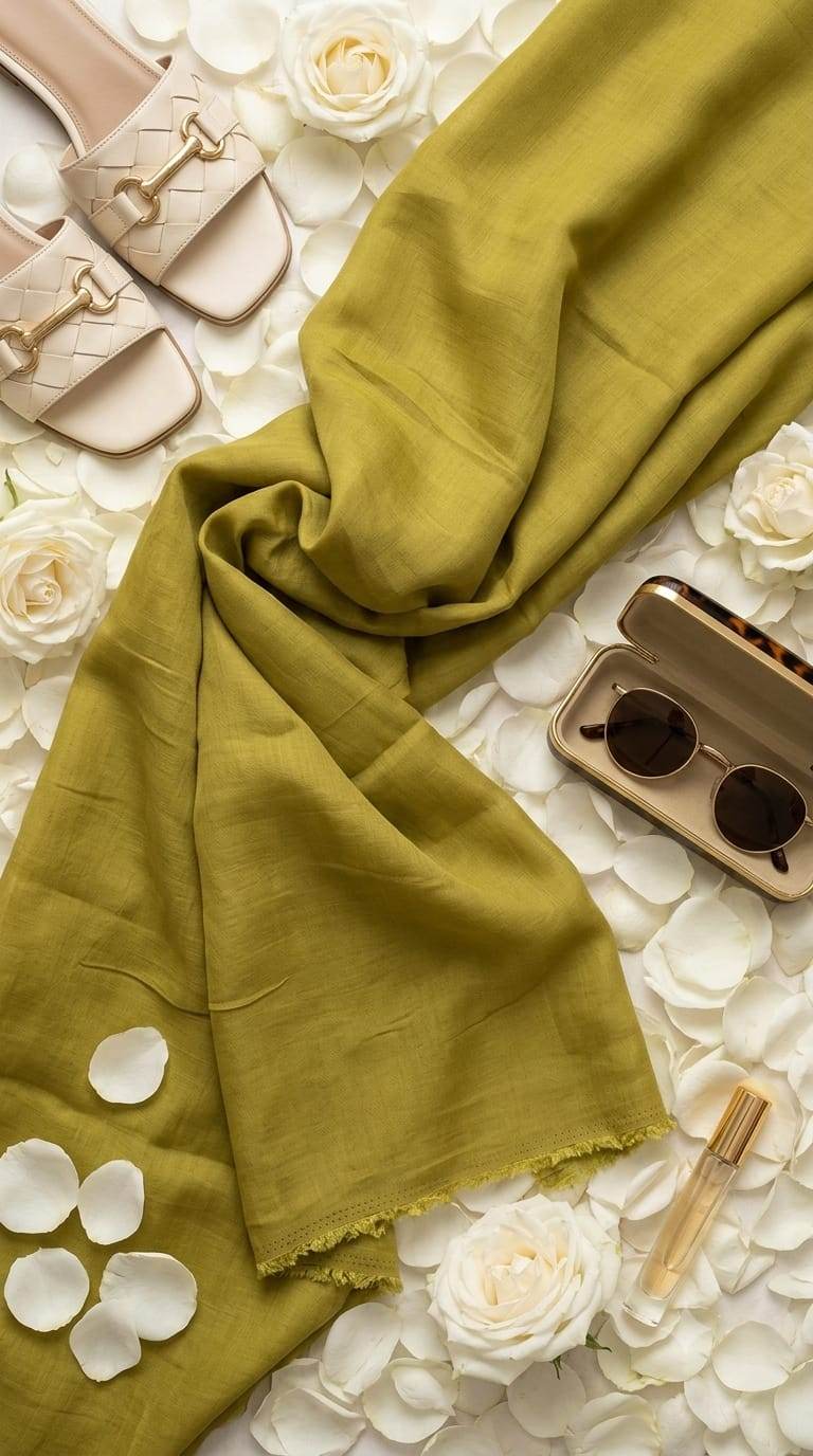 Rich Earthy olive tone  Mul Chanderi Fabric (Big Width)