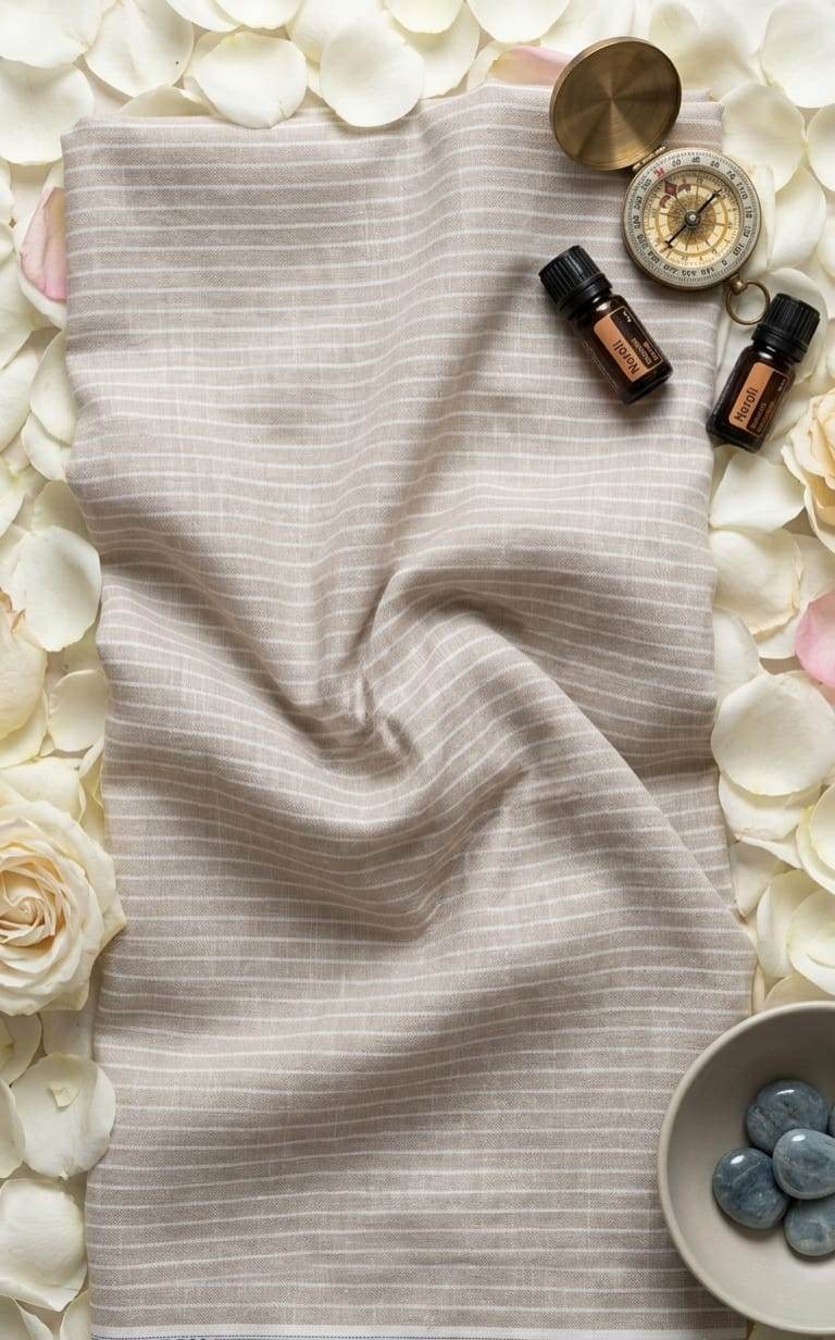 Beige Cotton Linen Fabric with White Horizontal Lines